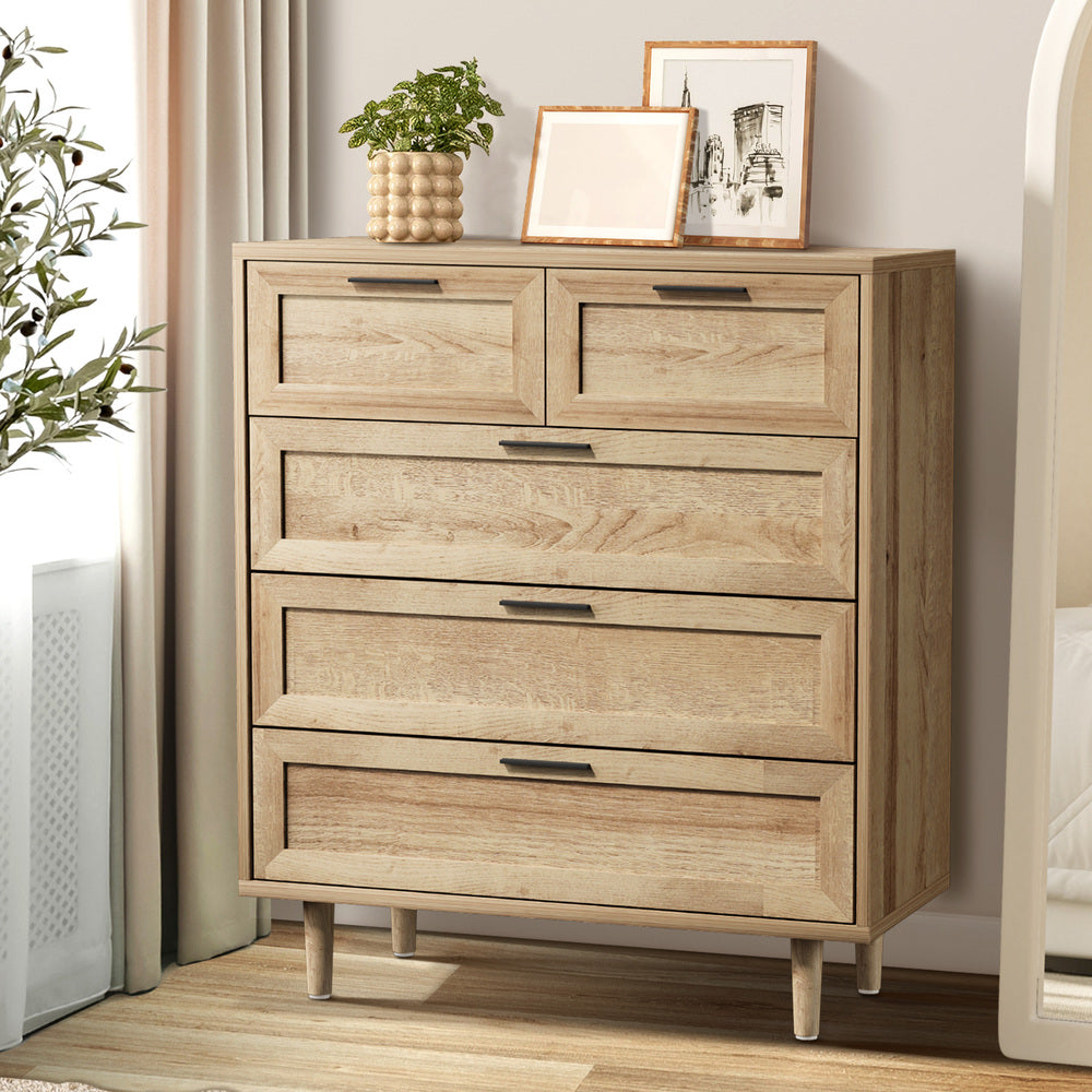 Essenza Mila 5 Draw Modern Dresser Tallboy | 5 Draw Chest Of Drawers Wooden Storage Unit