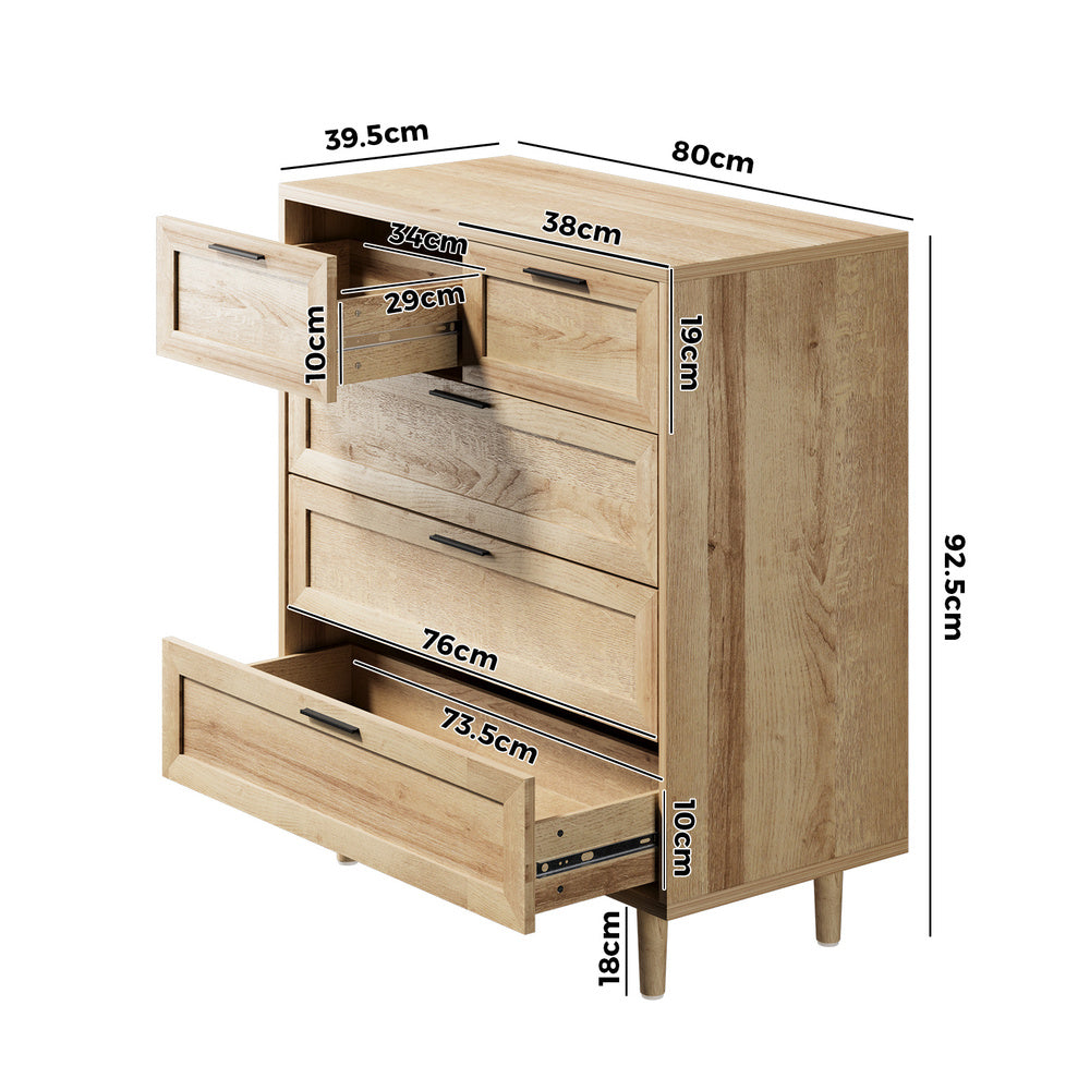Essenza Mila 5 Draw Modern Dresser Tallboy | 5 Draw Chest Of Drawers Wooden Storage Unit