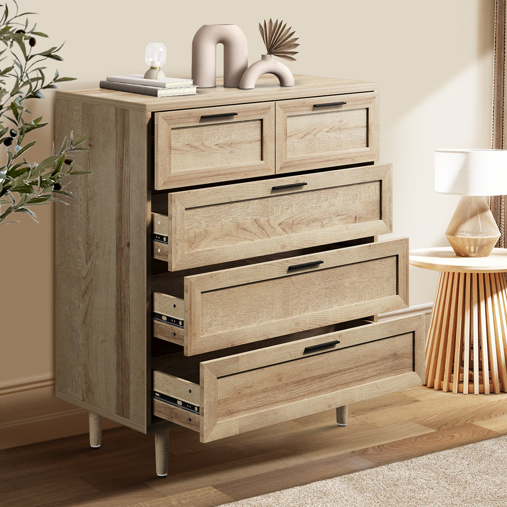Essenza Mila 5 Draw Modern Dresser Tallboy | 5 Draw Chest Of Drawers Wooden Storage Unit