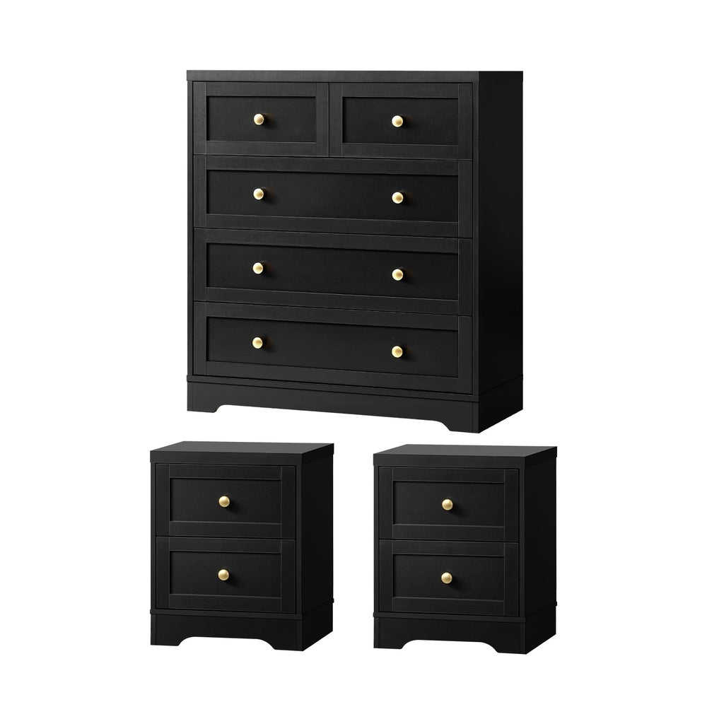 Centrum Black Wooden 5 Chest of Drawers 2 Bedsides Bedroom Package | Designer Modern Storage Cabinets