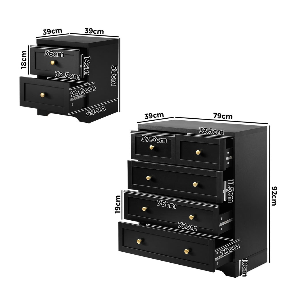 Centrum Black Wooden 5 Chest of Drawers 2 Bedsides Bedroom Package | Designer Modern Storage Cabinets