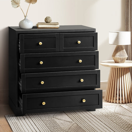 Centrum Black Wooden 5 Chest of Drawers 2 Bedsides Bedroom Package | Designer Modern Storage Cabinets