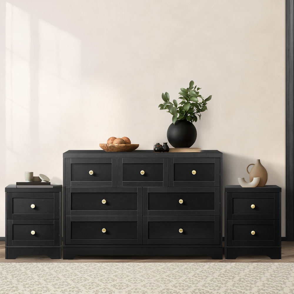 Centrum Black Wooden 7 Chest of Drawers 2 Bedsides Bedroom Package | Designer Modern Storage Cabinets