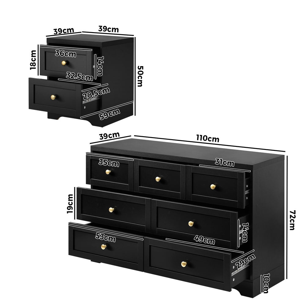 Centrum Black Wooden 7 Chest of Drawers 2 Bedsides Bedroom Package | Designer Modern Storage Cabinets