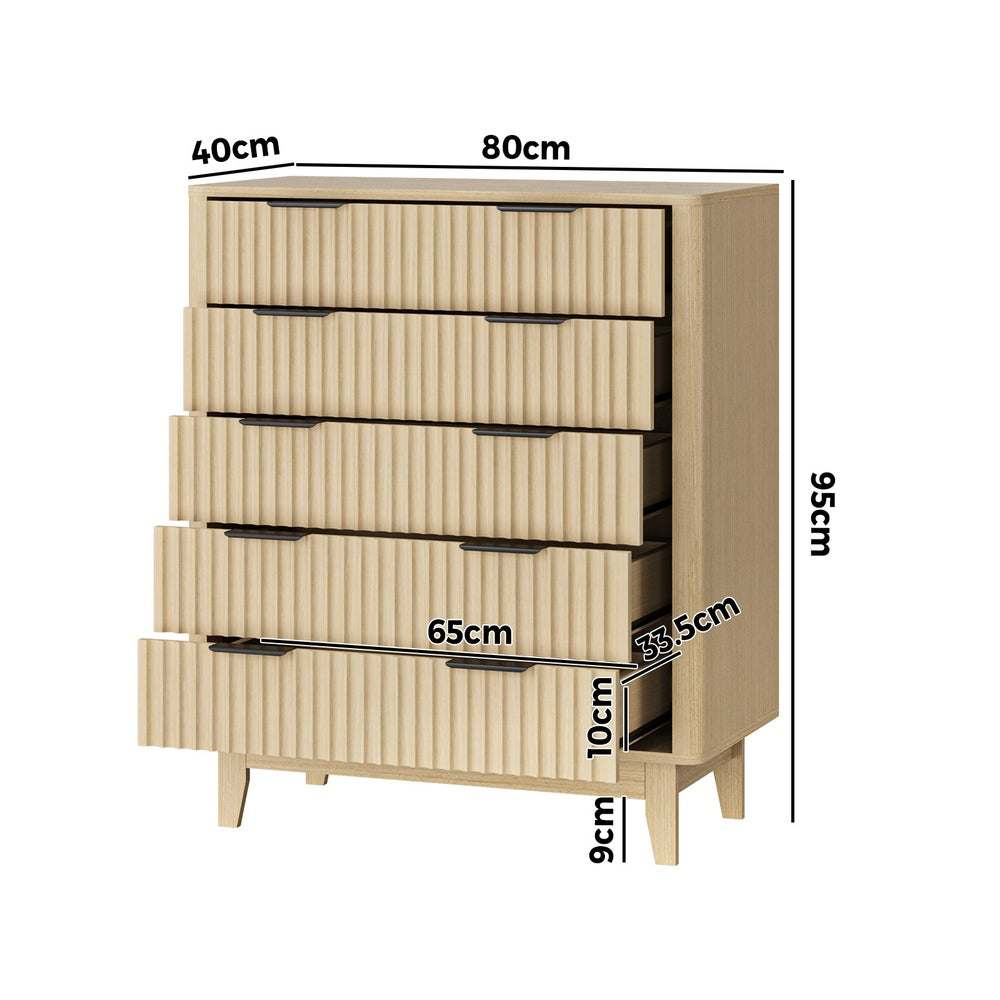 Alina Ripple Effect Modern 5 Chest Of Drawers | Scandi 5 Draw Tallboy Storage Unit