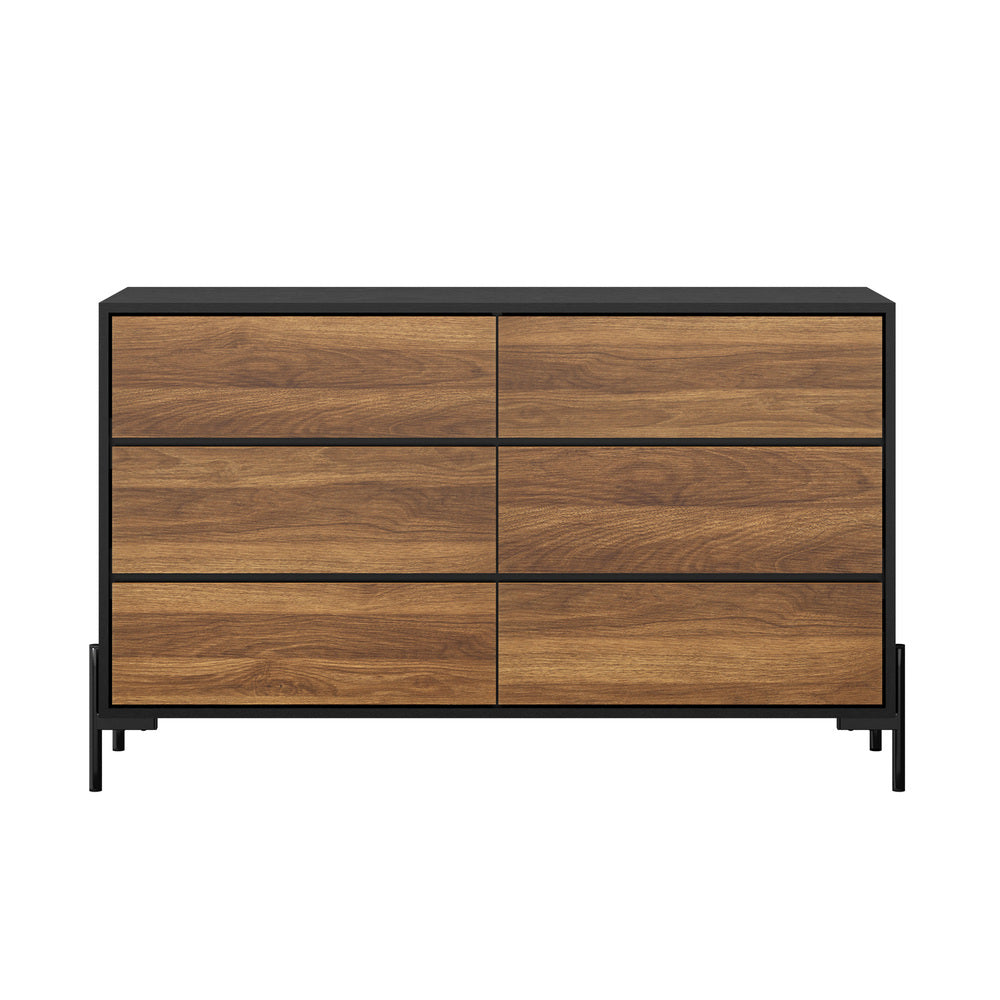Bellevue 6 Chest of Drawers Dresser Unit| Industrial Style Wood and Metal Tallboy Storage Cabinet