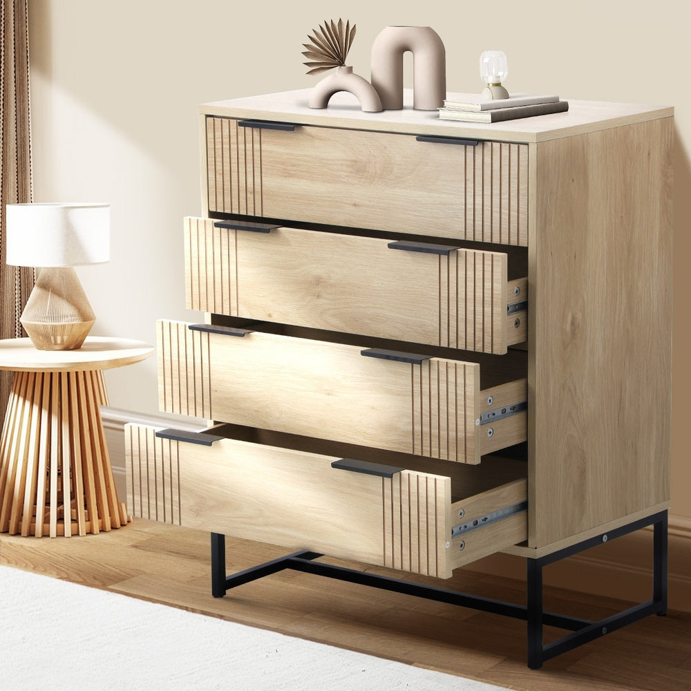 Belgrado 4 Chest of Drawers Tallboy Cabinet | Natural Wood and Metal Storage Unit