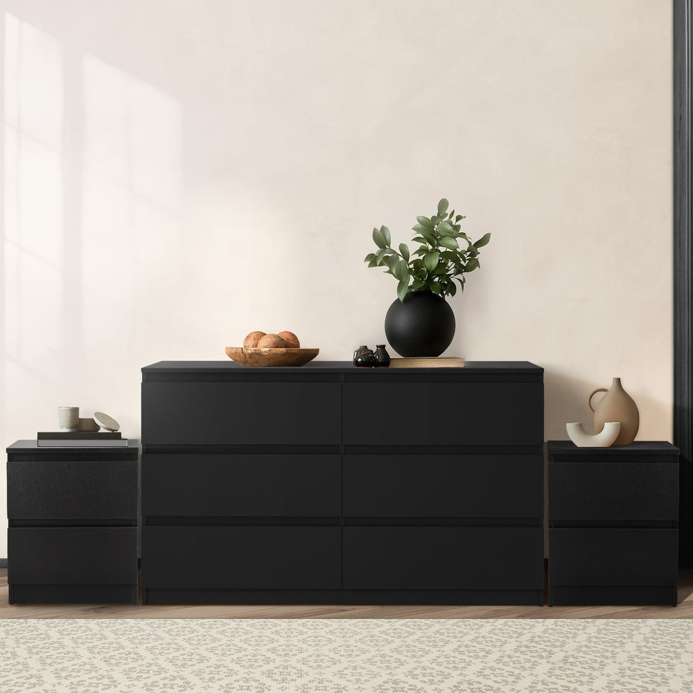 Essenza Black Modern 6 Chest Of Drawers 2 Bedsides Bedroom Package | Elegant Wooden Fingerpull Storage Cabinet Set