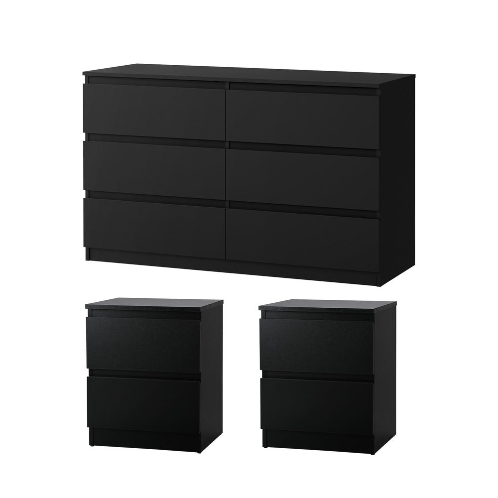 Essenza Black Modern 6 Chest Of Drawers 2 Bedsides Bedroom Package | Elegant Wooden Fingerpull Storage Cabinet Set