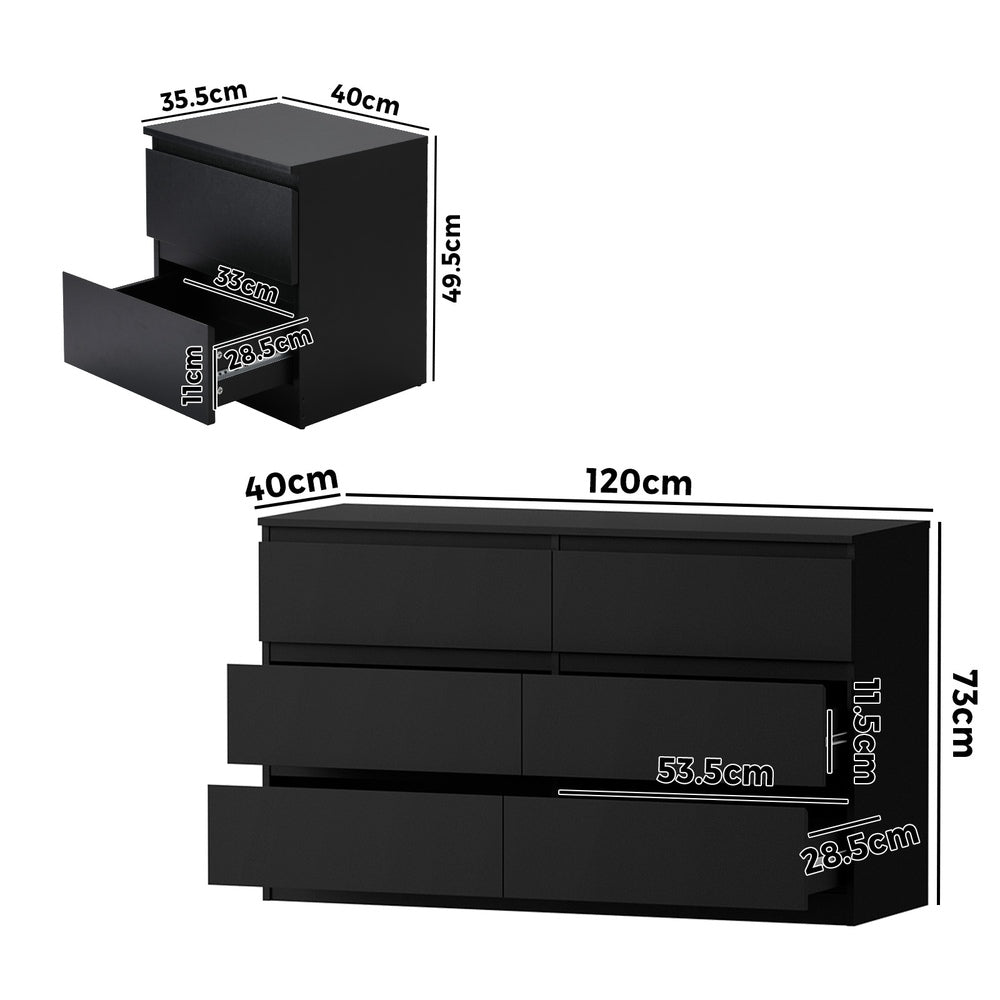 Essenza Black Modern 6 Chest Of Drawers 2 Bedsides Bedroom Package | Elegant Wooden Fingerpull Storage Cabinet Set