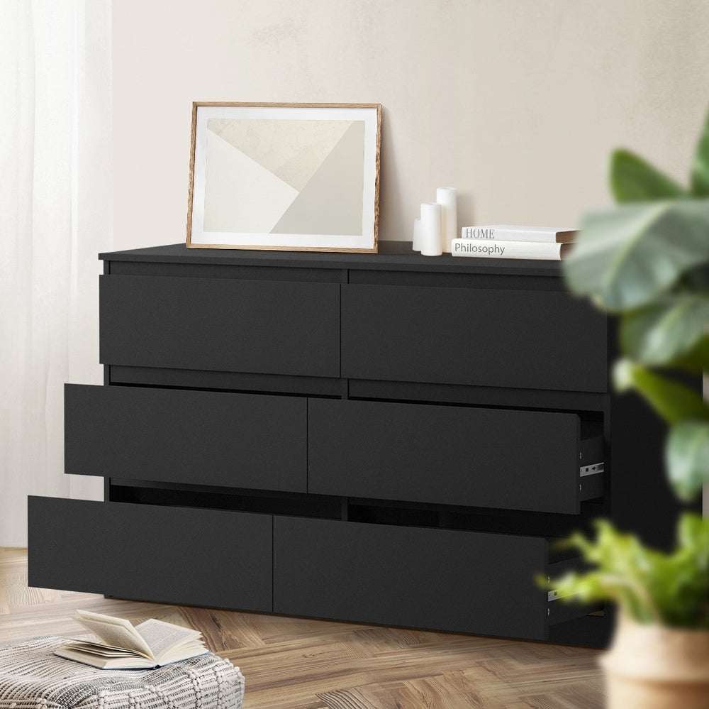 Essenza Black Modern 6 Chest Of Drawers 2 Bedsides Bedroom Package | Elegant Wooden Fingerpull Storage Cabinet Set