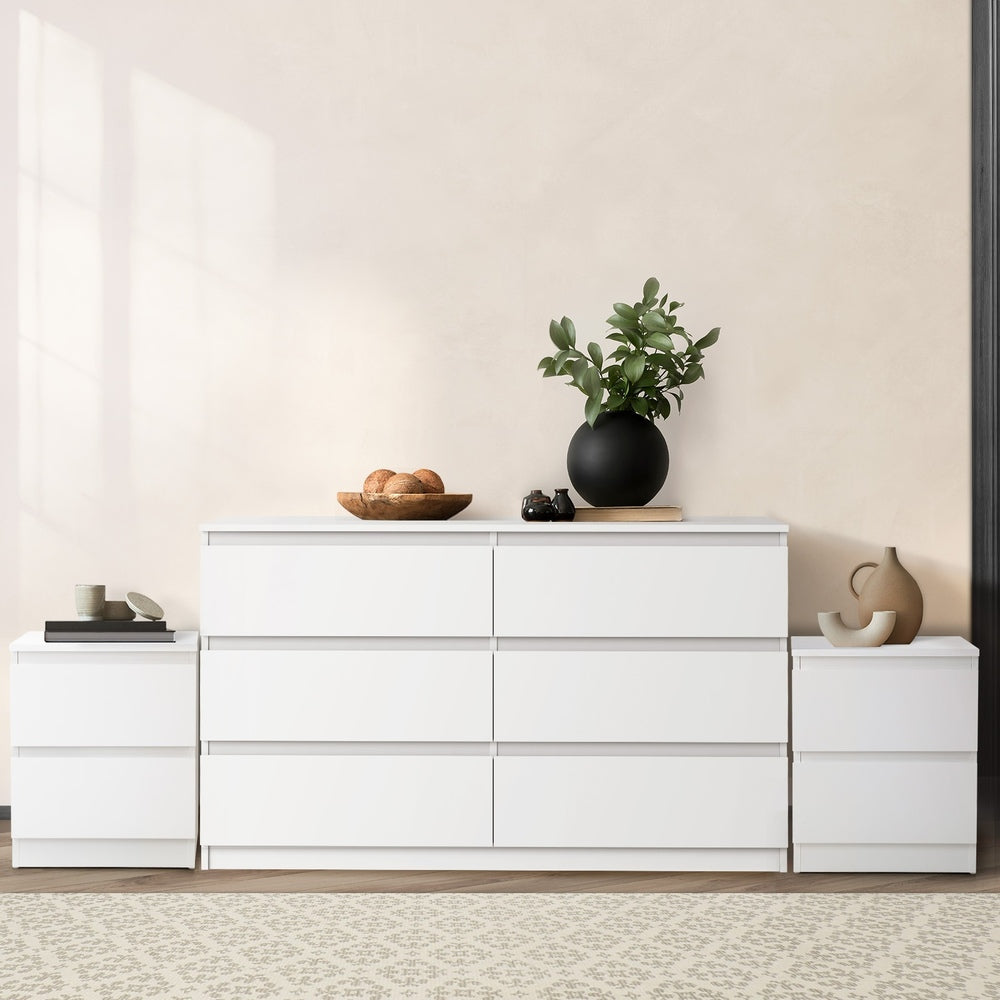 Essenza White Modern 6 Chest Of Drawers 2 Bedsides Bedroom Package | Elegant Wooden Fingerpull Storage Cabinet Set
