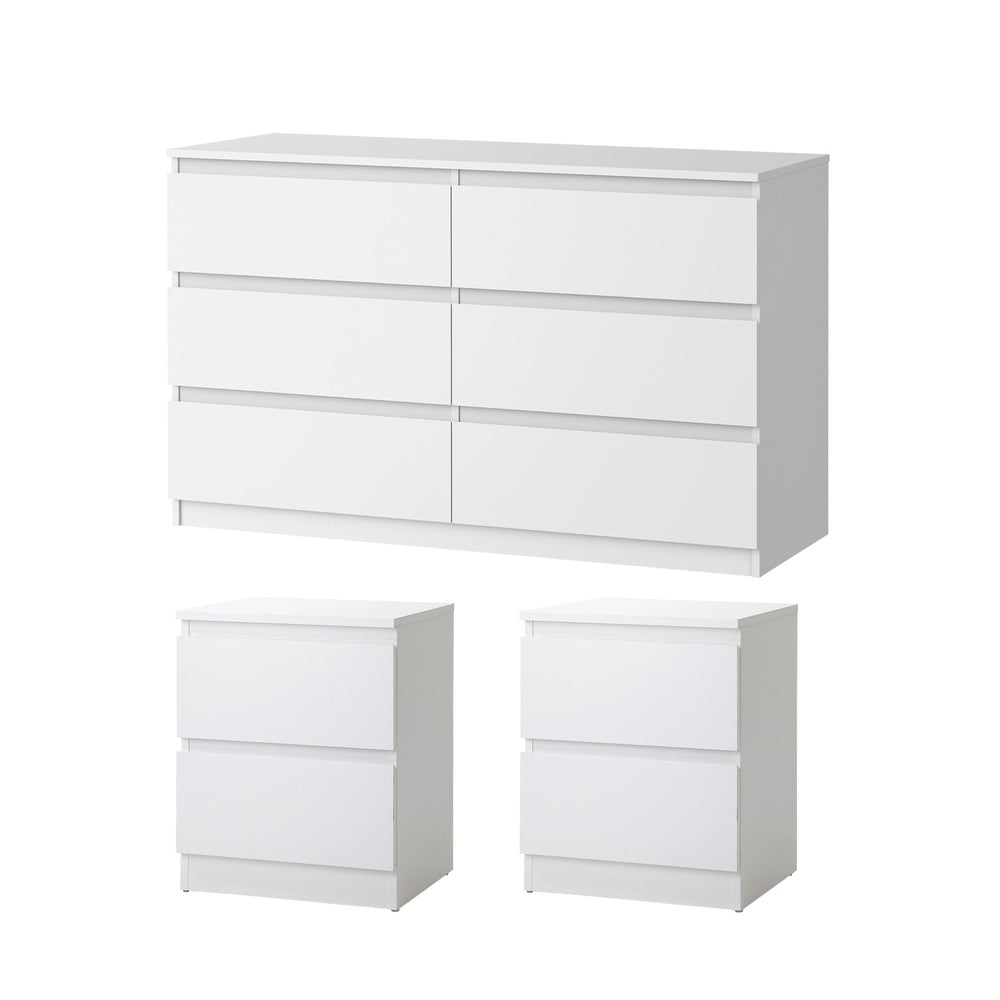 Essenza White Modern 6 Chest Of Drawers 2 Bedsides Bedroom Package | Elegant Wooden Fingerpull Storage Cabinet Set