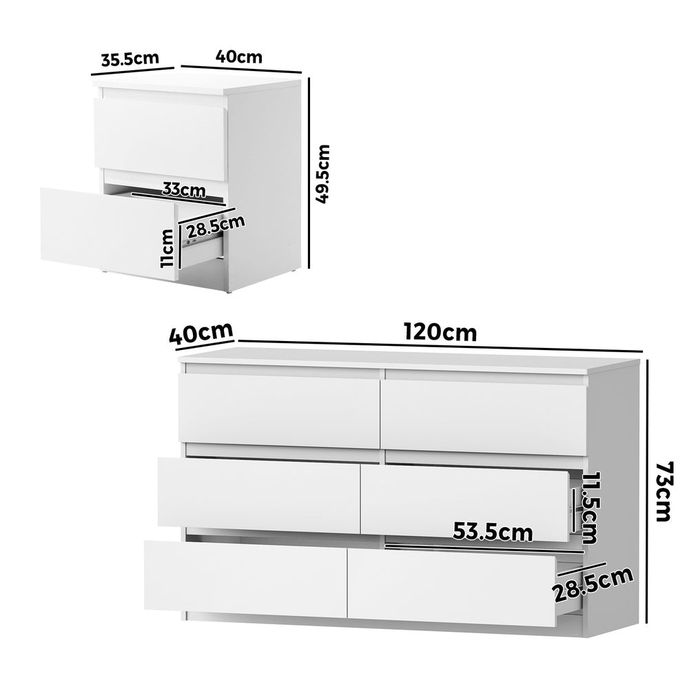 Essenza White Modern 6 Chest Of Drawers 2 Bedsides Bedroom Package | Elegant Wooden Fingerpull Storage Cabinet Set
