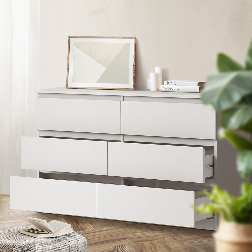 Essenza White Modern 6 Chest Of Drawers 2 Bedsides Bedroom Package | Elegant Wooden Fingerpull Storage Cabinet Set