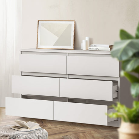 Essenza White Modern 6 Chest Of Drawers 2 Bedsides Bedroom Package | Elegant Wooden Fingerpull Storage Cabinet Set