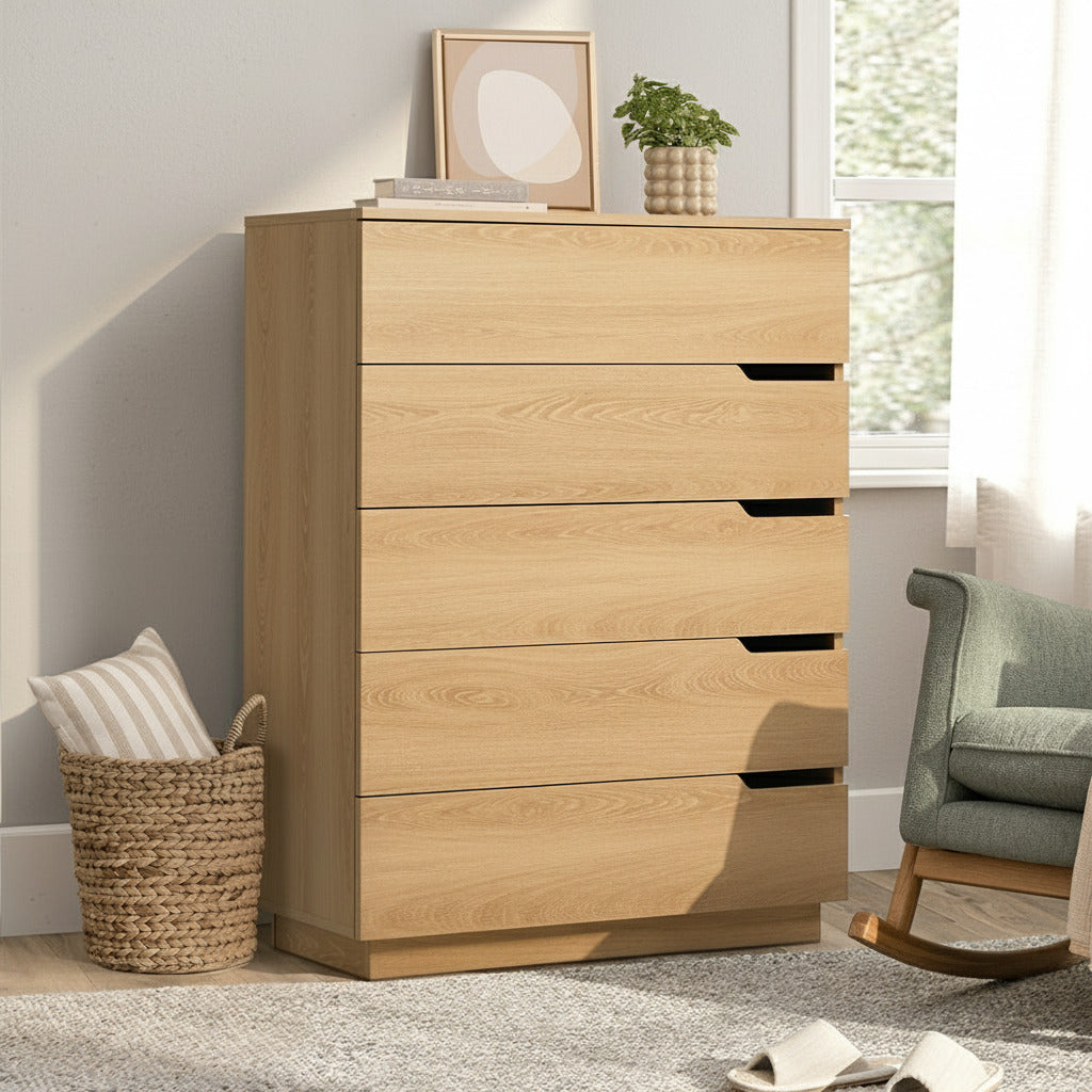 Urbino 5 Draw Modern Dresser Tallboy | 5 Draw Chest Of Drawers Wooden Storage Unit