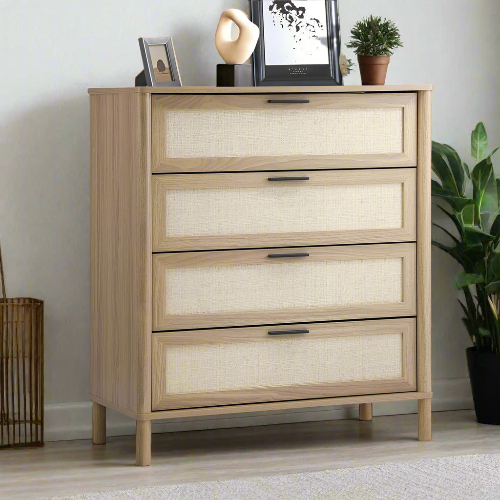 Cozzi 4 Draw Wood Rattan Dresser Unit | Tallboy Chest Of Drawers Storage Unit