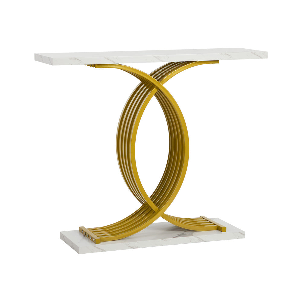 Santori Marble Effect Top Console Table | 80cm High White and Gold Hallway Entry Table