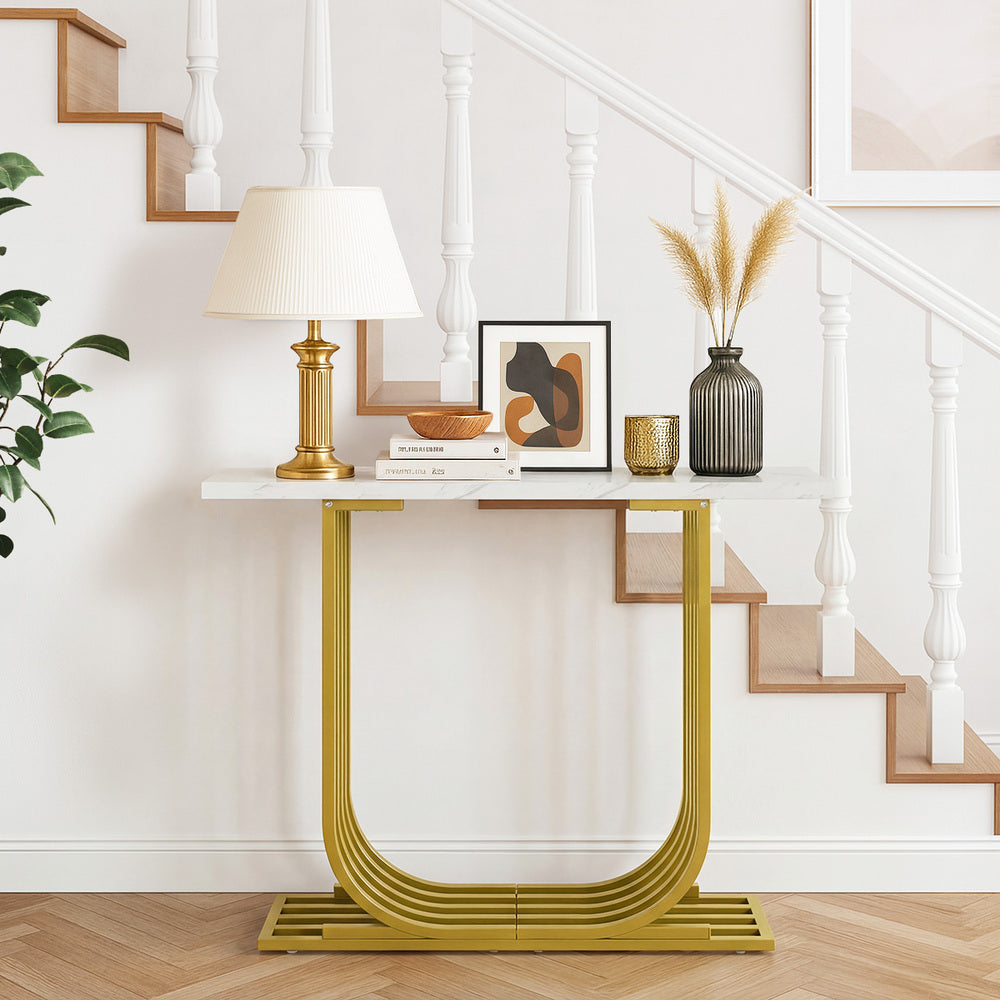 Urbino Marble Effect Top Console Table | 80cm High White and Gold Hallway Entry Table