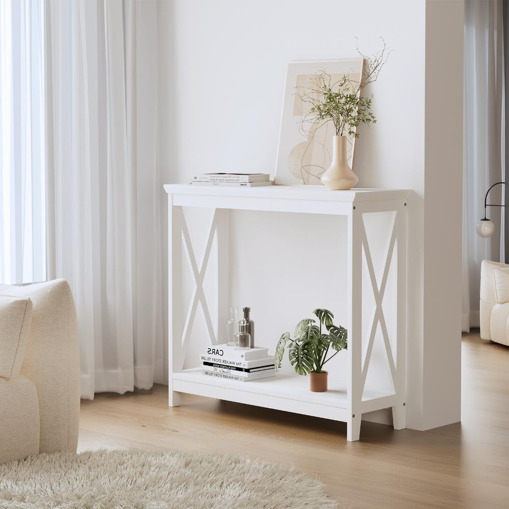 Sorrento White Modern Entry Console Table | Modern Wooden Hallway Table and Storage Shelves