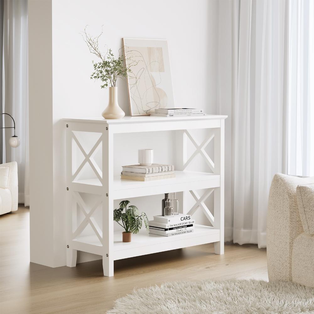 Sorrento White Modern Entry Console Table | Modern Wooden Hallway Table and Storage Shelves