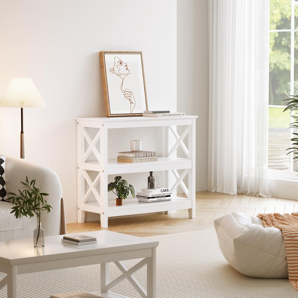 Sorrento White Modern Entry Console Table | Modern Wooden Hallway Table and Storage Shelves