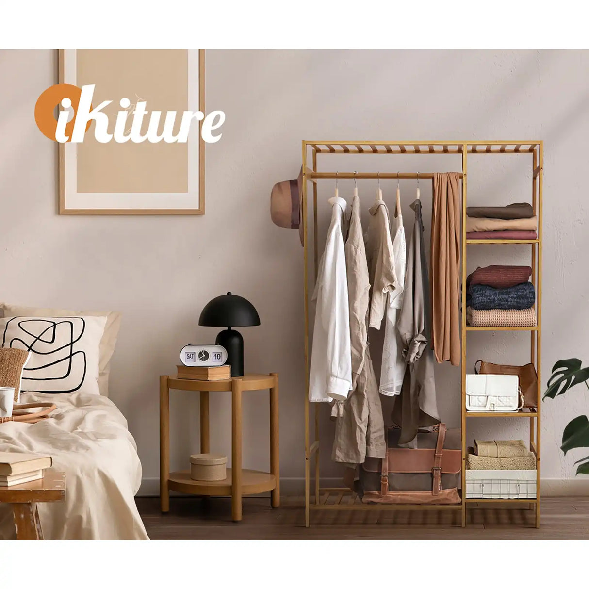 Bamboo Portable Wardrobe Hanging Clothes Rack and Storage Organizer