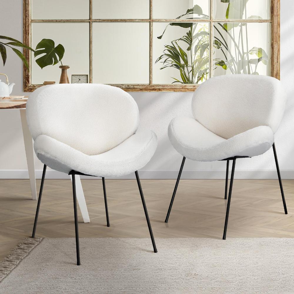 Set of Two Teddy Boucle Miami Dining Room Chairs in White | Sherpa Feel Plush Modern Accent Chairs