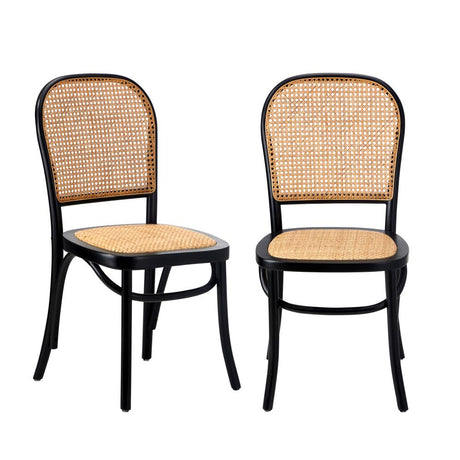 Set of Two Rialto Vintage Wooden Rattan Classic Dining Chairs | Stylish Retro Wooden Kitchen Dining Chairs