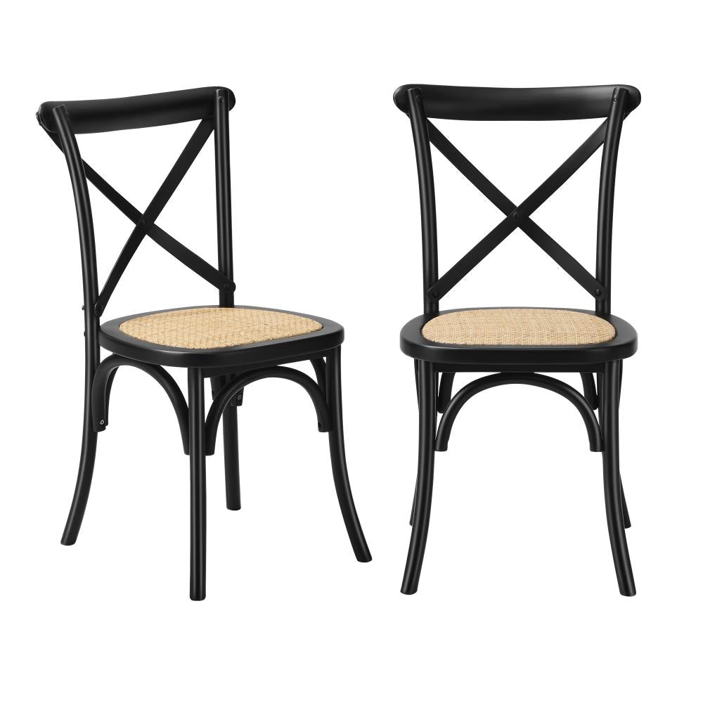Set of Two Aris Vintage Wooden Rattan Crossback Dining Chairs | Stylish Retro Wooden Kitchen Dining Chairs
