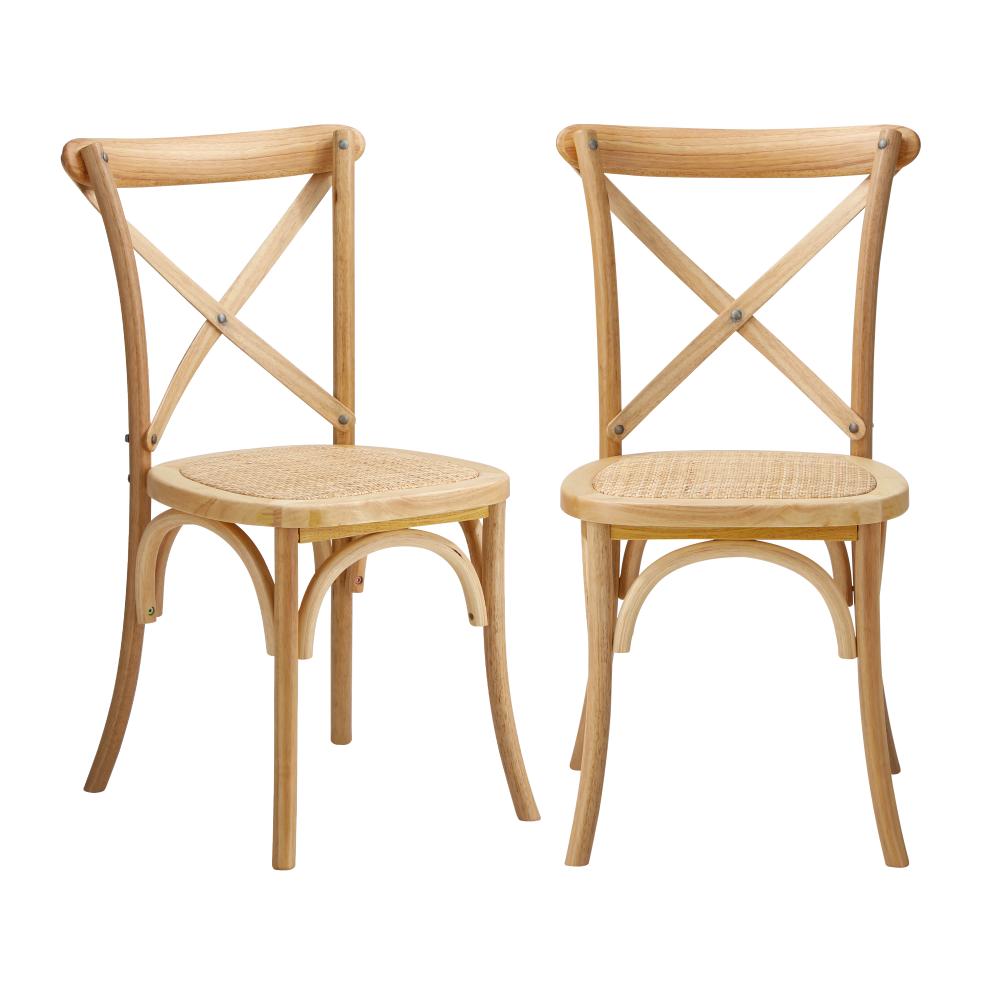 Set of Two Aris Vintage Wooden Rattan Crossback Dining Chairs | Stylish Retro Wooden Kitchen Dining Chairs