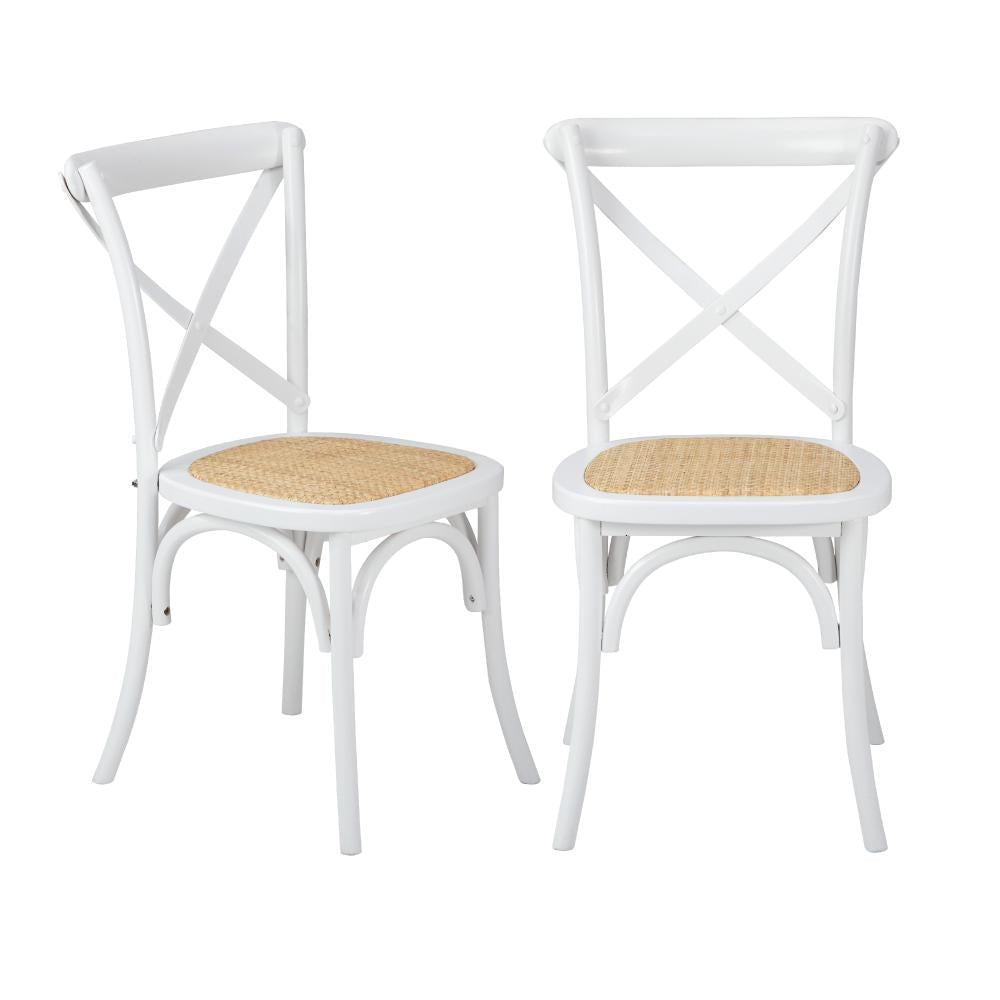 Set of Two Aris Vintage Wooden Rattan Crossback Dining Chairs | Stylish Retro Wooden Kitchen Dining Chairs