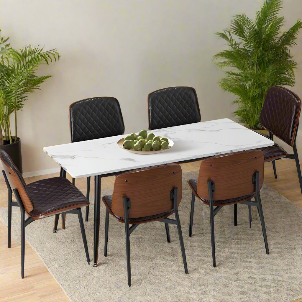 5 or 7 Piece Miami Eamos 120cm Marble Table Dining Set | Retro Metal Wood Dining Table Set