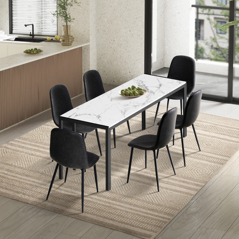 Astana 7 Piece Slimline Black and Marble Style Dining Set | Premium PU Leather Dining Chairs and 140cm Table Set
