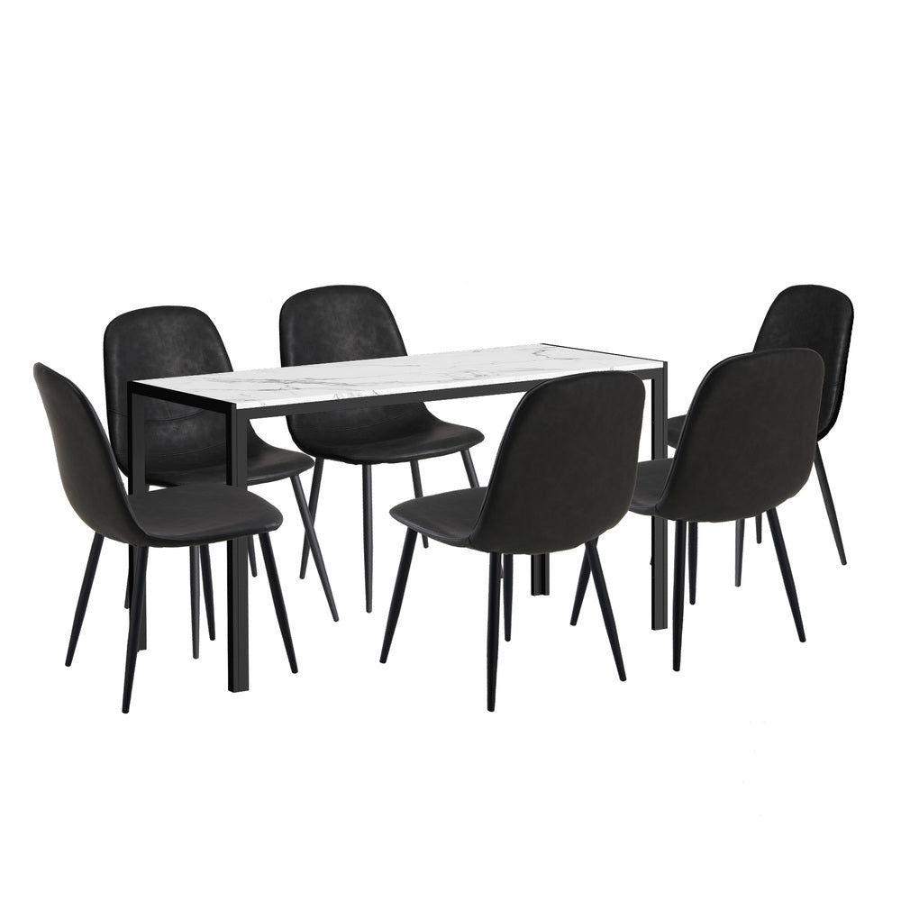 Astana 7 Piece Slimline Black and Marble Style Dining Set | Premium PU Leather Dining Chairs and 140cm Table Set