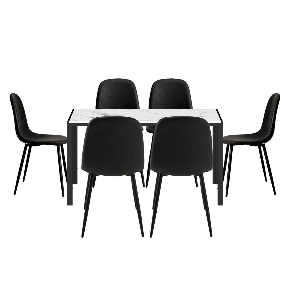 Astana 7 Piece Slimline Black and Marble Style Dining Set | Premium PU Leather Dining Chairs and 140cm Table Set