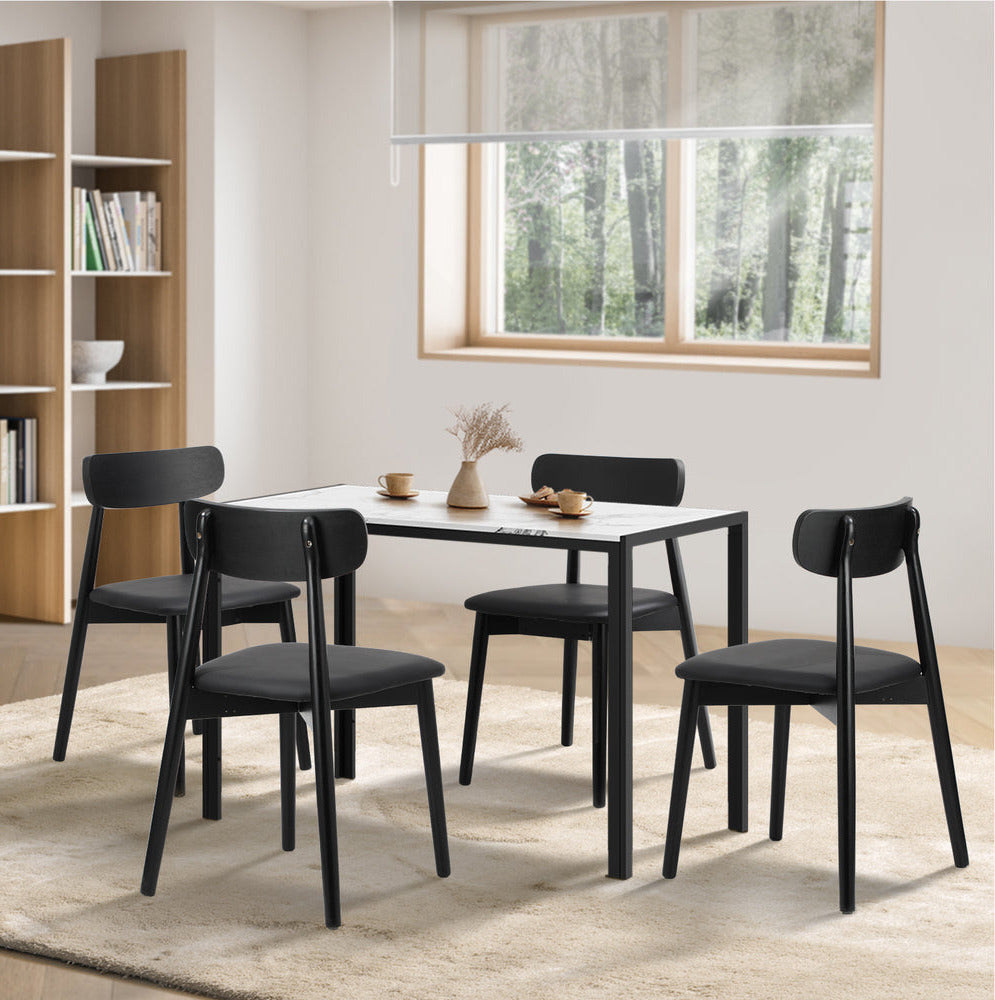 Kiara 5 Piece Slimline Retro Marble Style Dining Set | Premium PU Leather Dining Chairs and 120cm Table Set