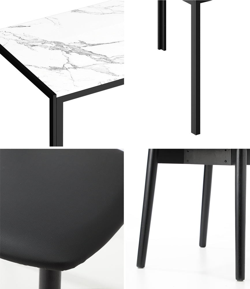 Kiara 5 Piece Slimline Retro Marble Style Dining Set | Premium PU Leather Dining Chairs and 120cm Table Set