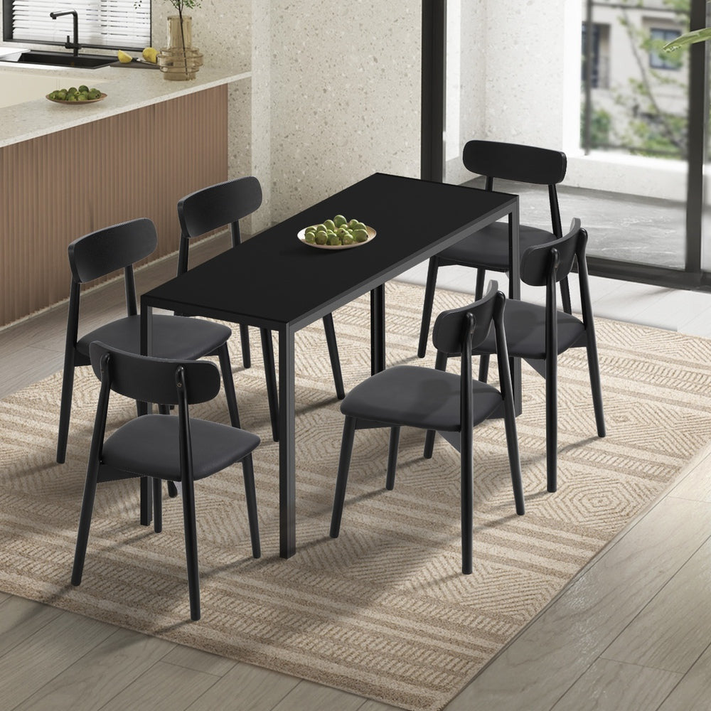 Kiara 7 Piece Slimline Retro All Black Dining Set | Premium PU Leather Dining Chairs and 140cm Table Set