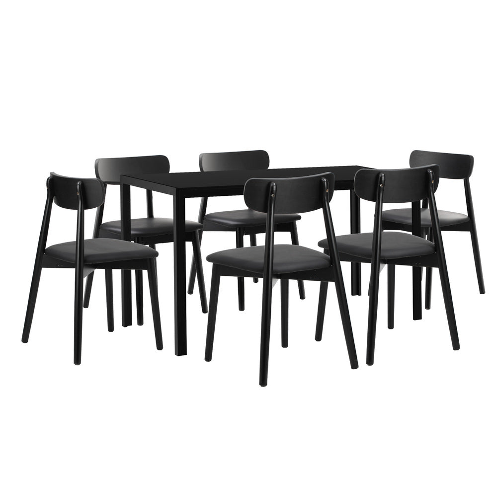 Kiara 7 Piece Slimline Retro All Black Dining Set | Premium PU Leather Dining Chairs and 140cm Table Set