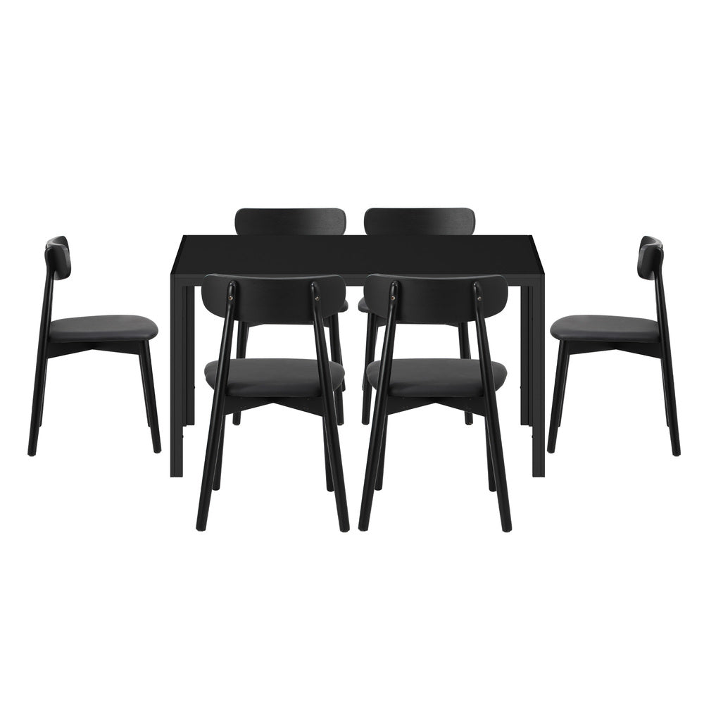 Kiara 7 Piece Slimline Retro All Black Dining Set | Premium PU Leather Dining Chairs and 140cm Table Set