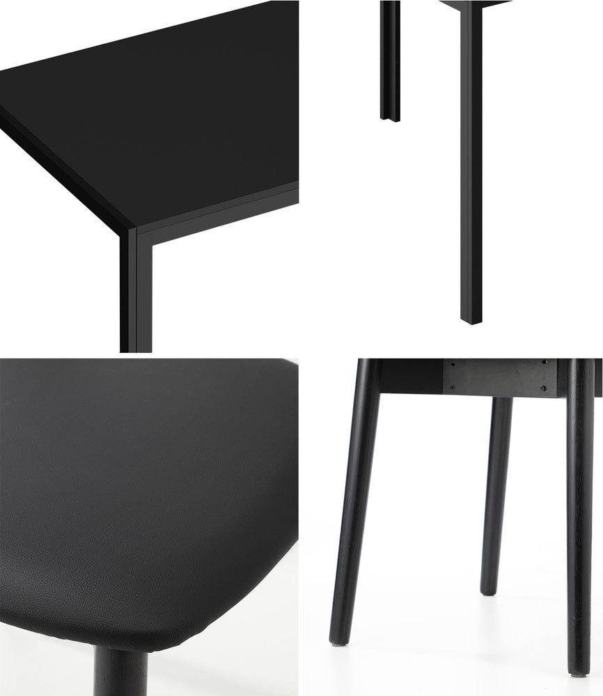 Kiara 7 Piece Slimline Retro All Black Dining Set | Premium PU Leather Dining Chairs and 140cm Table Set