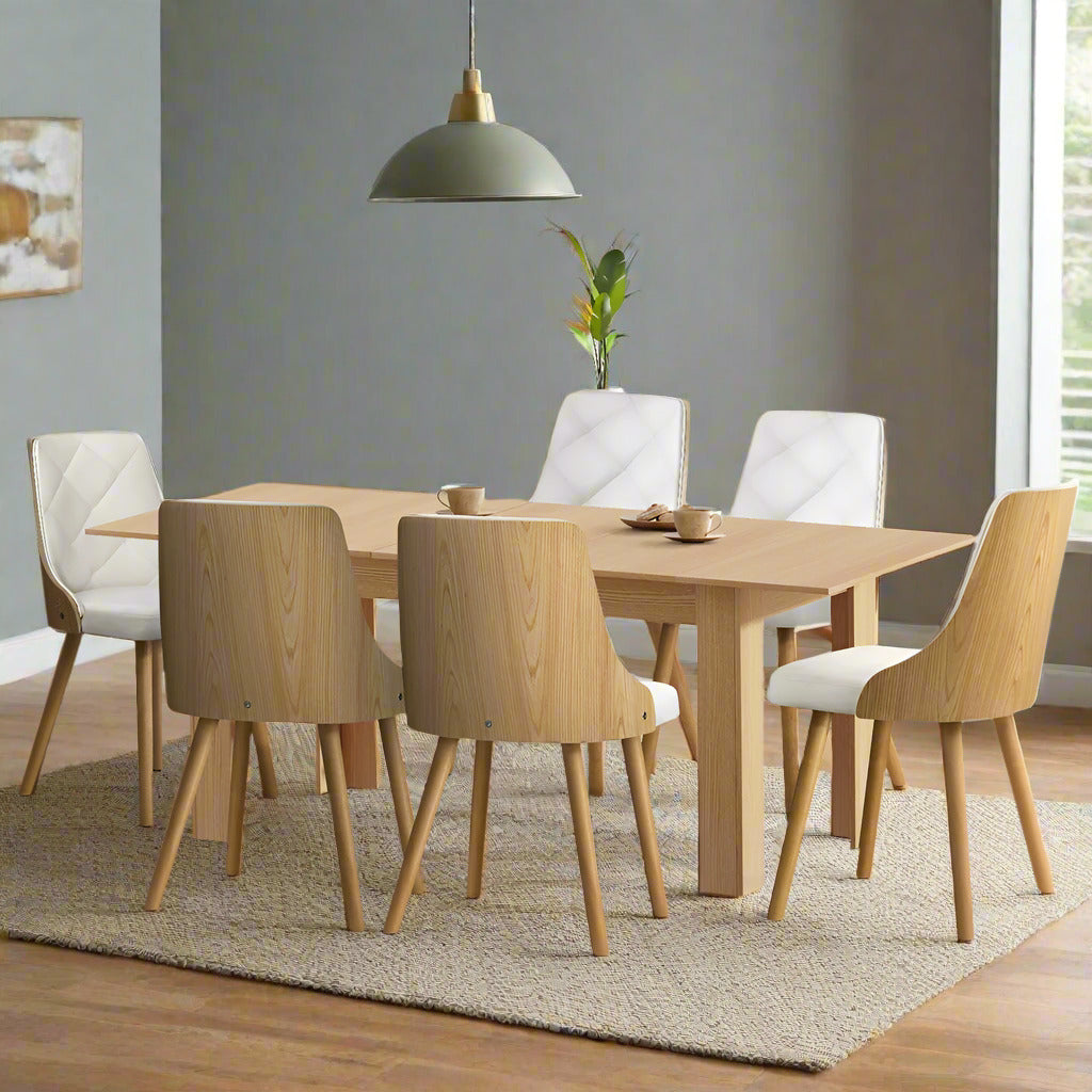 Palermo 160-200cm Extendable Dining Table Set | 7 Piece Premium Dining Table and White Padded Chairs Package