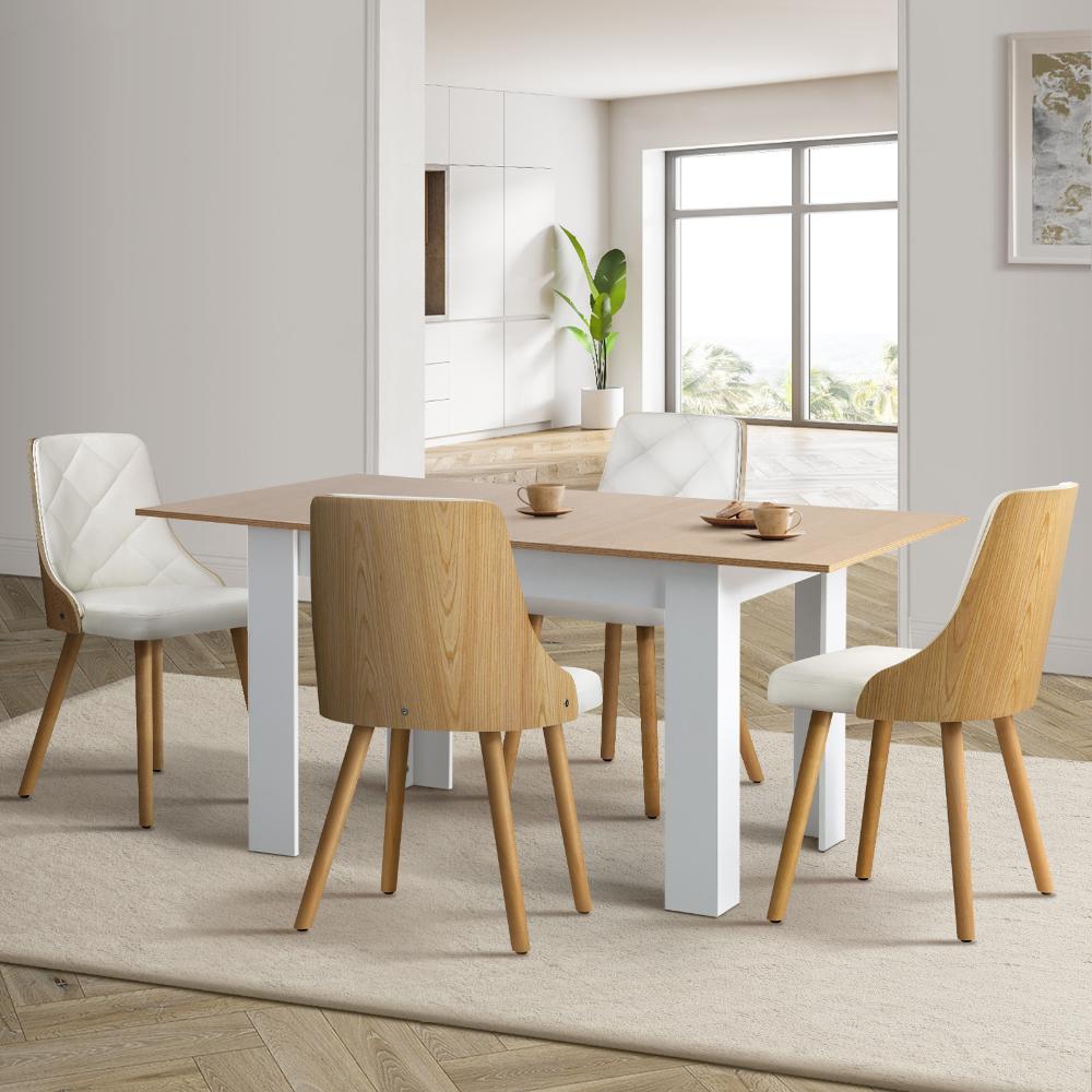 Bianco Nuvo Extendable Dining Table and Chairs Set | Wood and White Modern Kitchen Table and Chairs Package