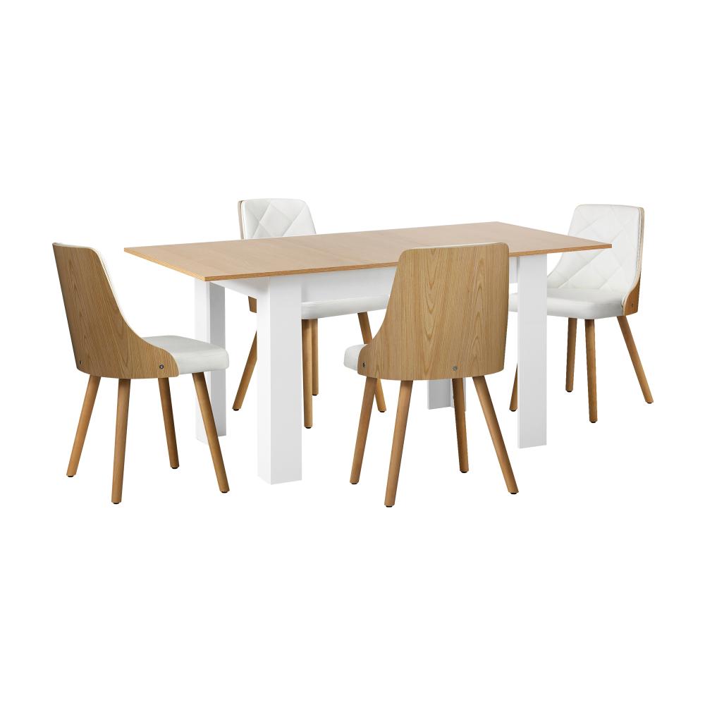 Bianco Nuvo Extendable Dining Table and Chairs Set | Wood and White Modern Kitchen Table and Chairs Package