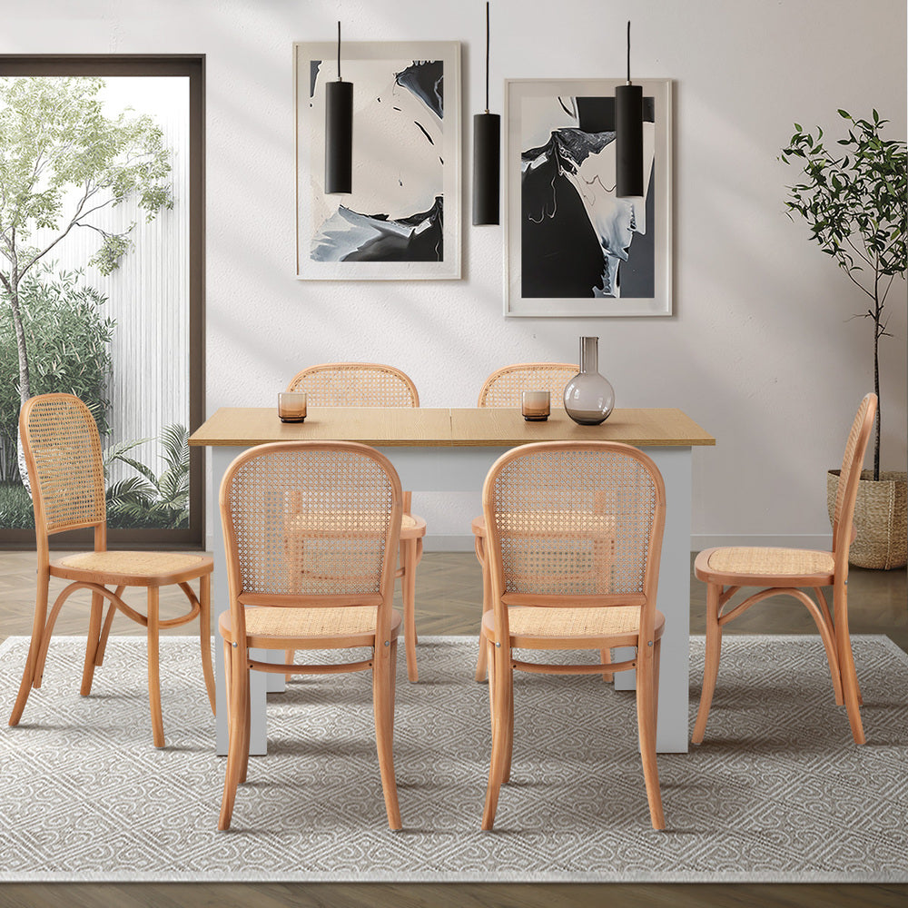 Rialto Vintage Extendable Dining Table Set | 5-7 Seater Premium Dining Table and Wooden Rattan Chairs Set