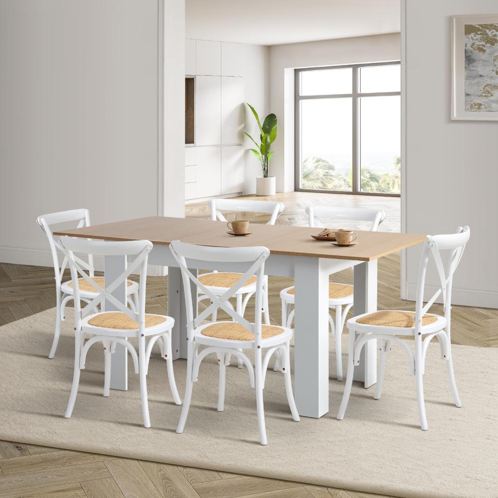 Bianco Nuovo Extendable Dining Table Set | 5-7 Seater Premium Modern Dining Table and Retro Crossback Chairs