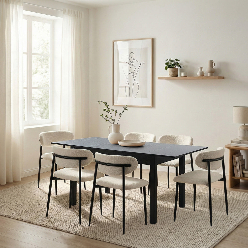 Mila Soft Boucle Extendable Dining Table Set with Curved Chairs | 5-7 Seater Premium Dining Table Set