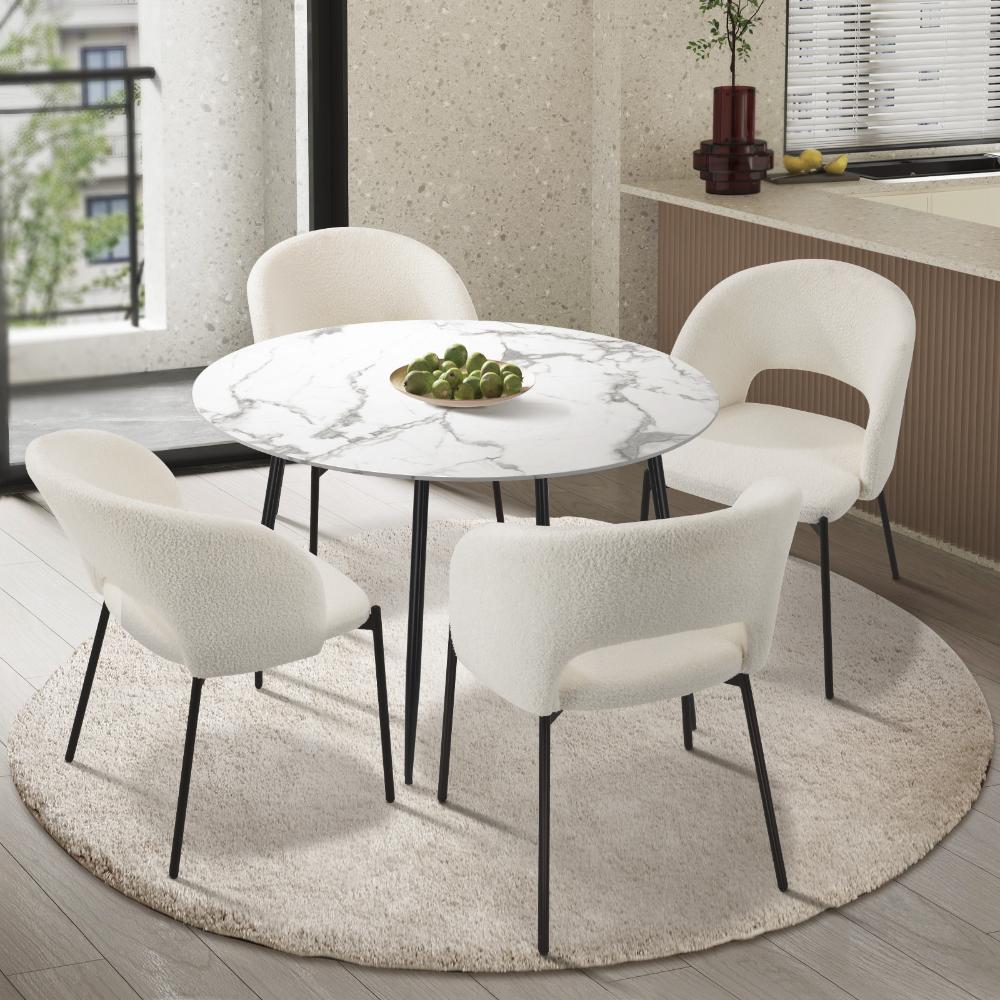 Peruzzi Boucle Luxe Dining Table Set | 5-7 Seater Premium Modern Dining Table Marble Style Top and Boucle Dining Chairs